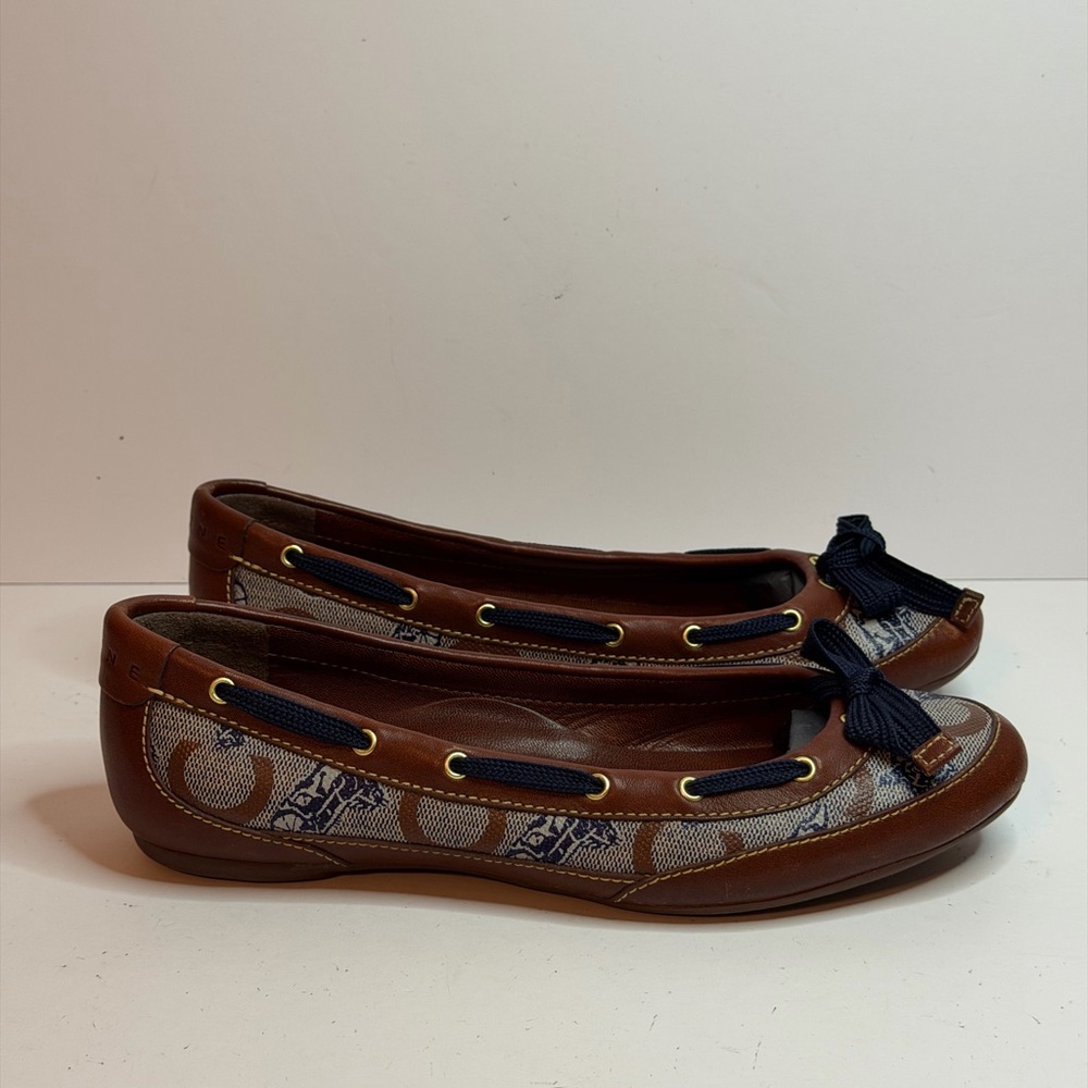 Celine Printed Ballet Flats Brown Leather Trim and Navy Bow Accents Size 38